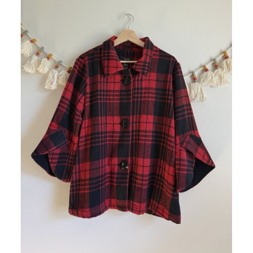 Ali Miles Red Buffalo Plaid Flannel Flutter Sleeve Poncho Overcoat Preppy Cozy L